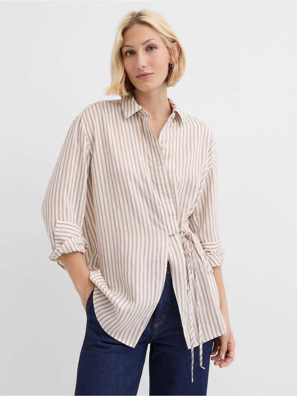 LOFT Beige and White Striped Tie-Waist Shirt Tunic
